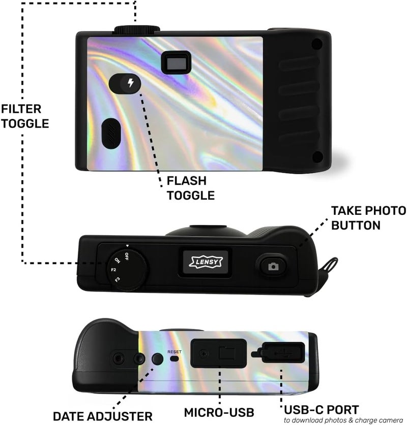 Lensy Screen Free Digital Camera | Four Built in Filters | Rechargeable, 8mp, Lightweight, Focus-Free, Auto-Flash, Easy-to-Use, Reusable, Retro Film-Style Photos (Holographic) - Image 4